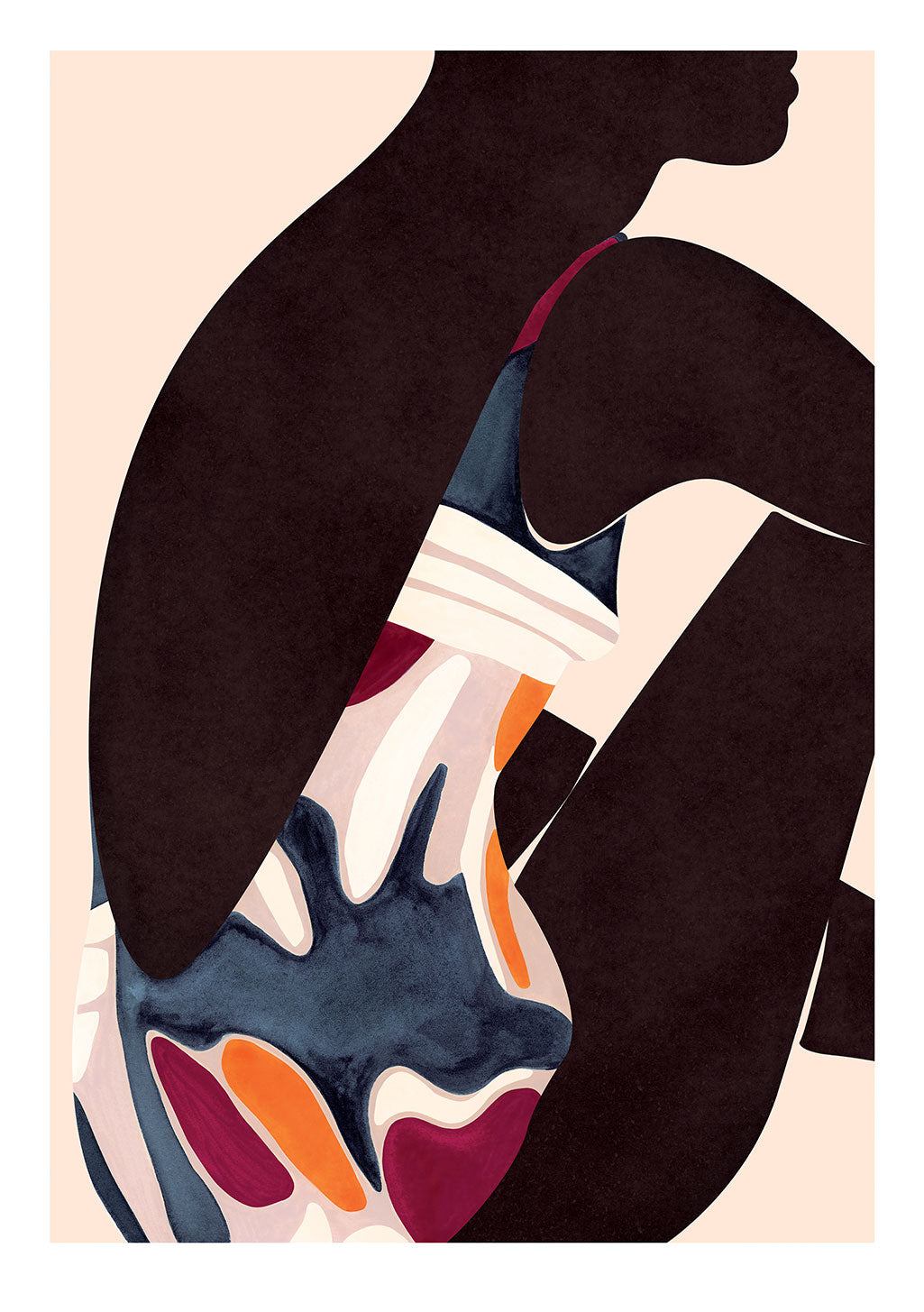 Silhouette noire, motifs abstraits colorés, art minimaliste, figure humaine stylisée