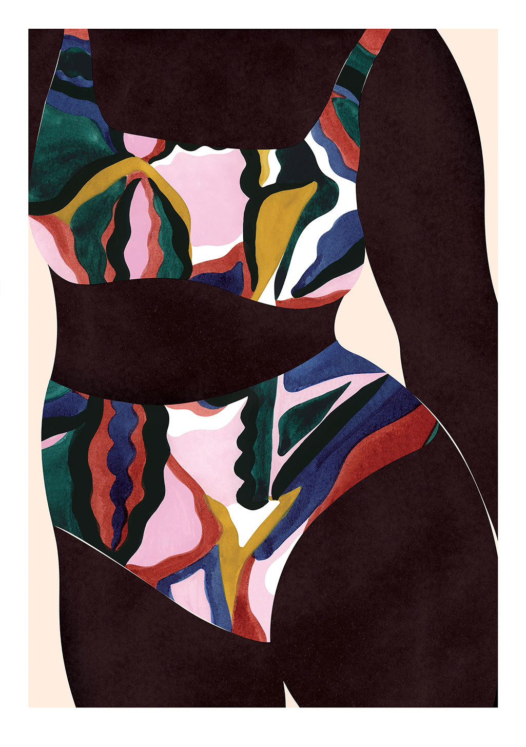 Art abstrait, formes colorées, silhouette humaine, couleurs vives, fond sombre