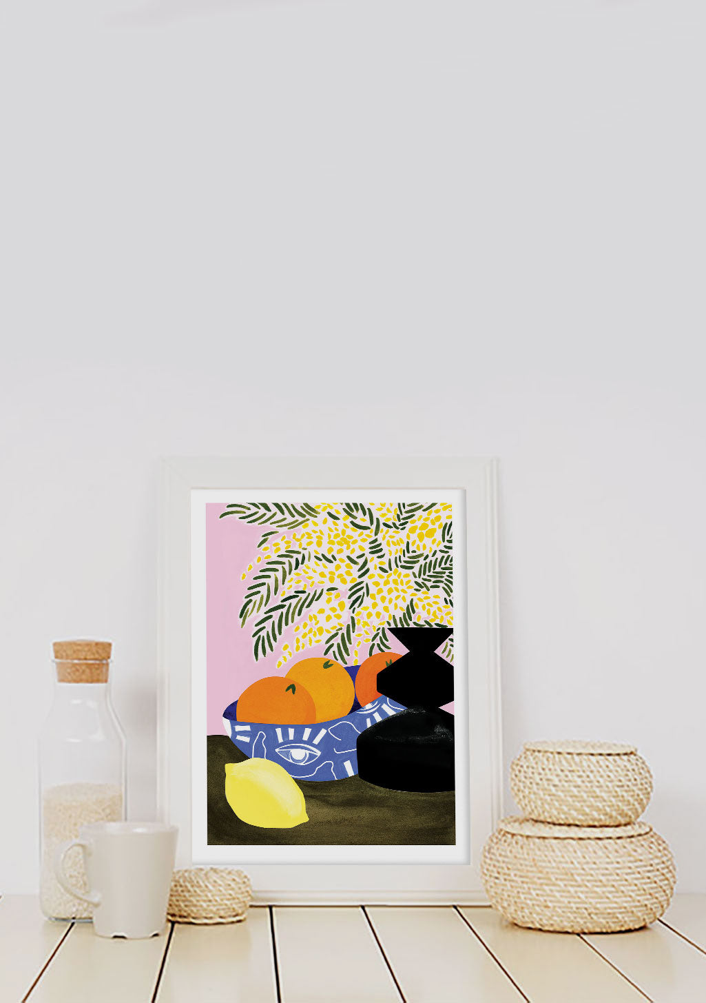 Fruit, Citron, Oranges, Fleurs Jaunes, Vase Noir, Tableau Coloré
