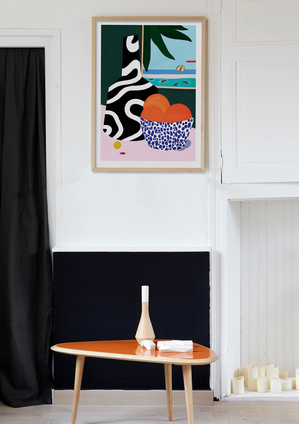 Art abstrait, fruits, plage, couleurs vives, motifs géométriques