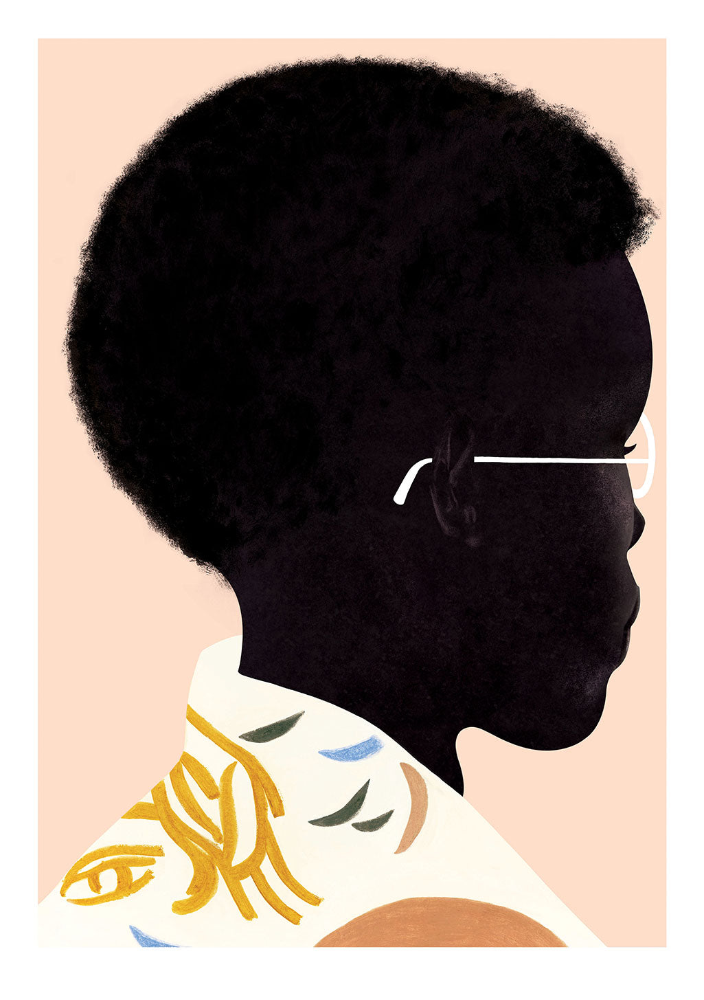 Silhouette de personne avec lunettes, motif abstrait sur vêtement, fond rose clair