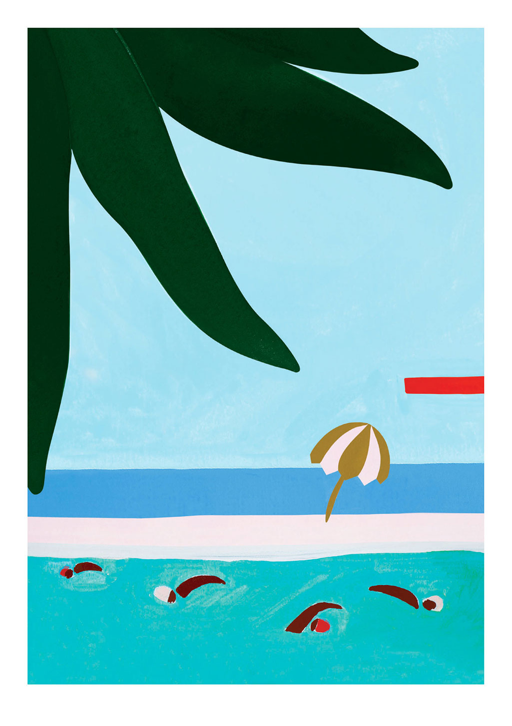 Plage, baigneurs, parasol, palmier, ciel bleu, eau, vacances, relaxant, plage, baignade, soleil, plage