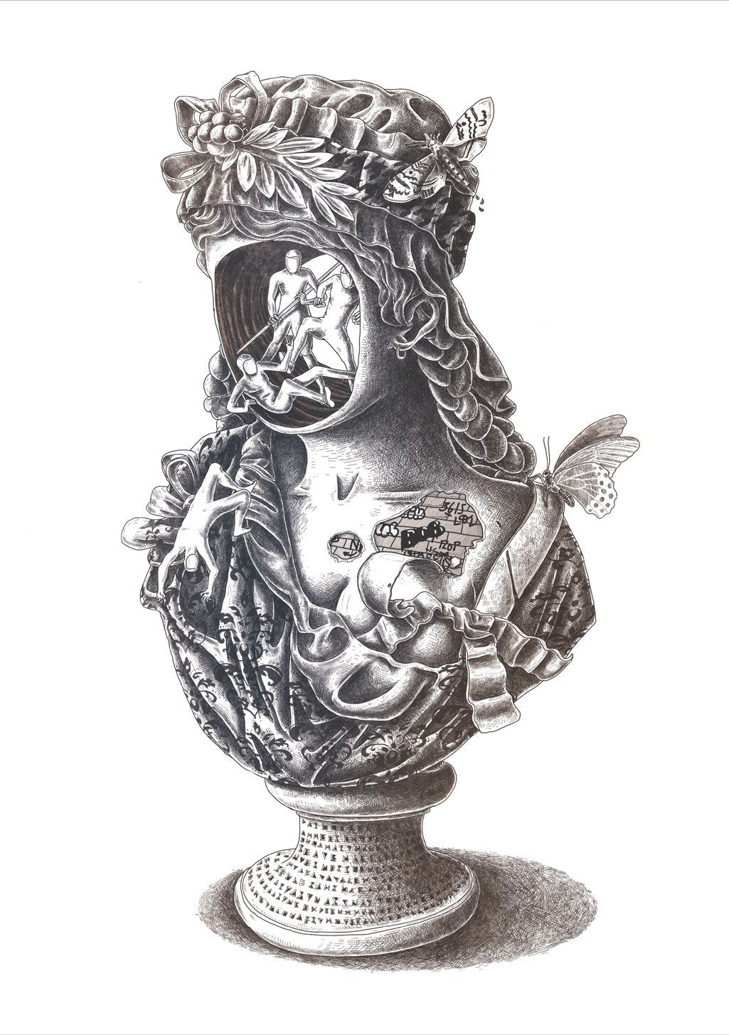 Vase avec figures, papillons, fleurs, scène complexe, détaillé, noir et blanc