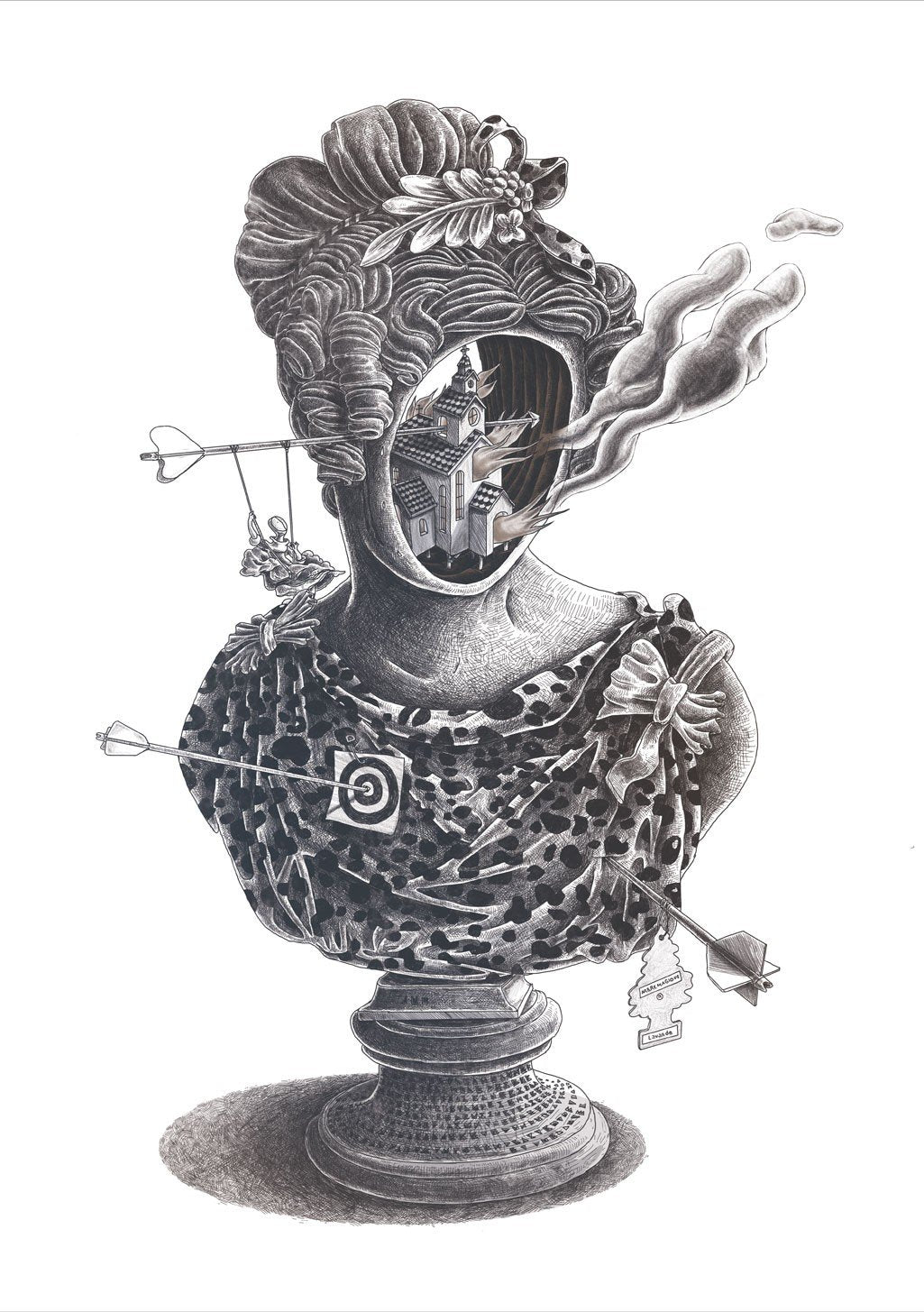 Buste de femme, flèches, maison, cheveux, fumée, cible, détaillé, art, noir et blanc, classique, surréaliste, détaillé