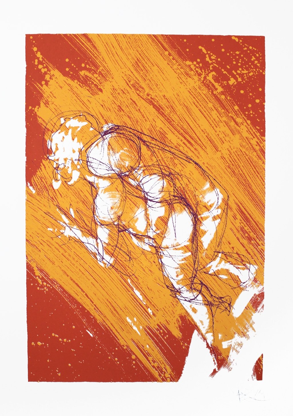 Art abstrait, couleurs orange et rouge, lignes fluides, figures stylisées