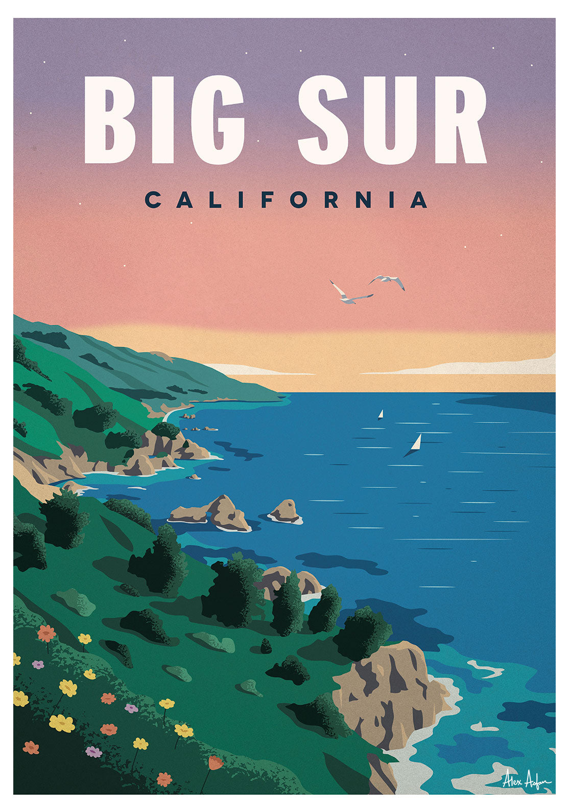 Poster de Big Sur, Californie, paysage côtier, coucher de soleil, voiliers, falaises, fleurs, ciel rose