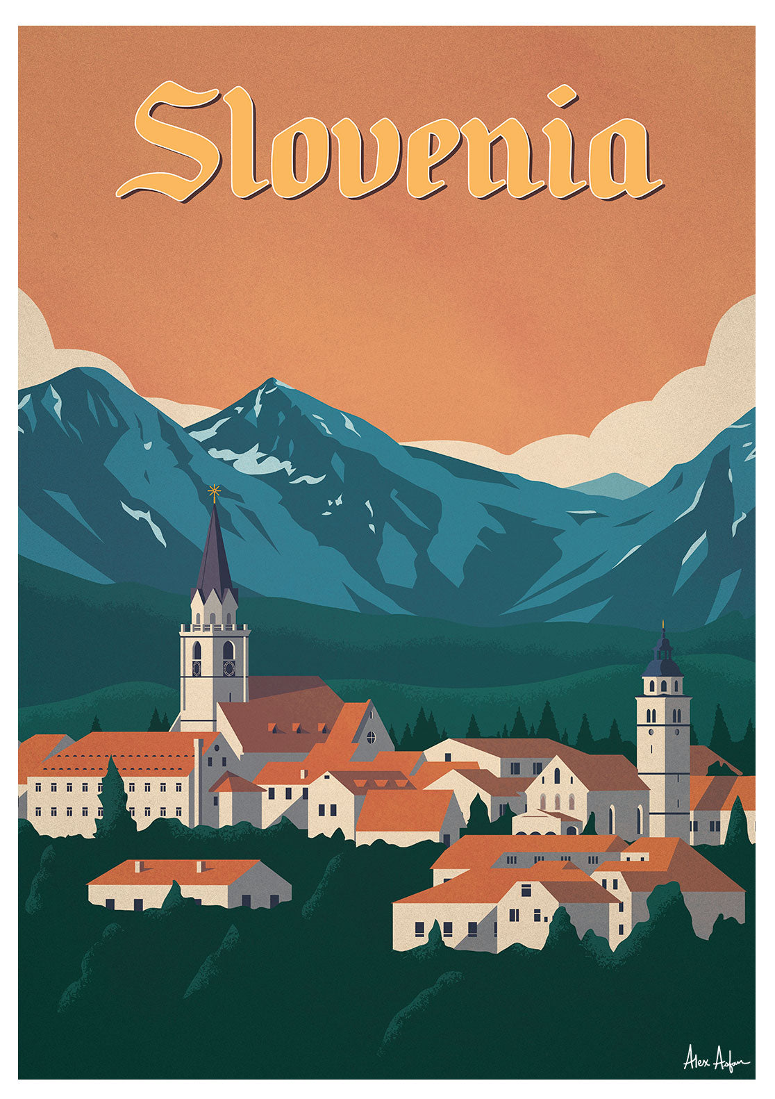 Illustration stylisée de Slovénie, village, église, montagnes, coucher de soleil, ciel orange