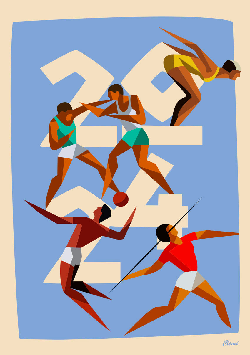 Illustration abstraite de sportifs, formes géométriques, couleurs vives, fond bleu