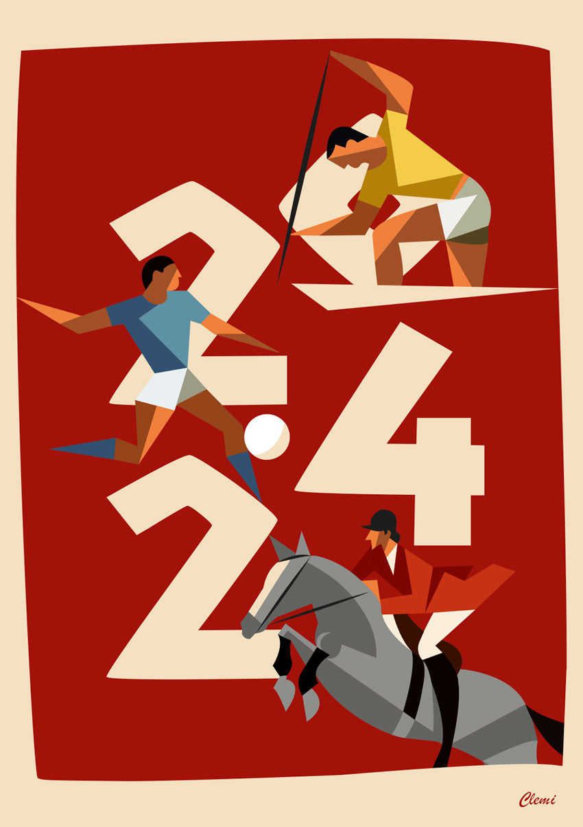Art abstrait rouge avec des figures géométriques, football, cavalier et cheval