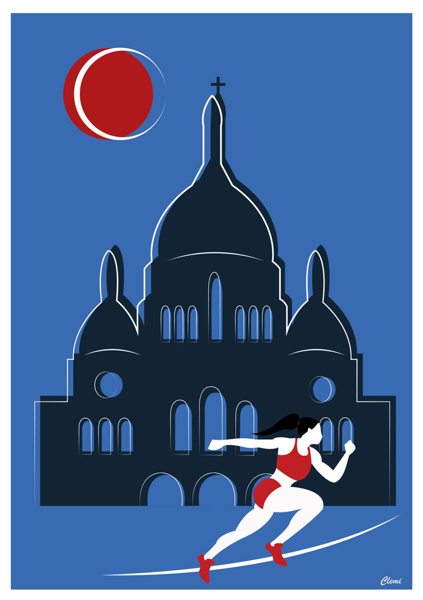 Femme courant devant église, lune rouge, illustration stylisée