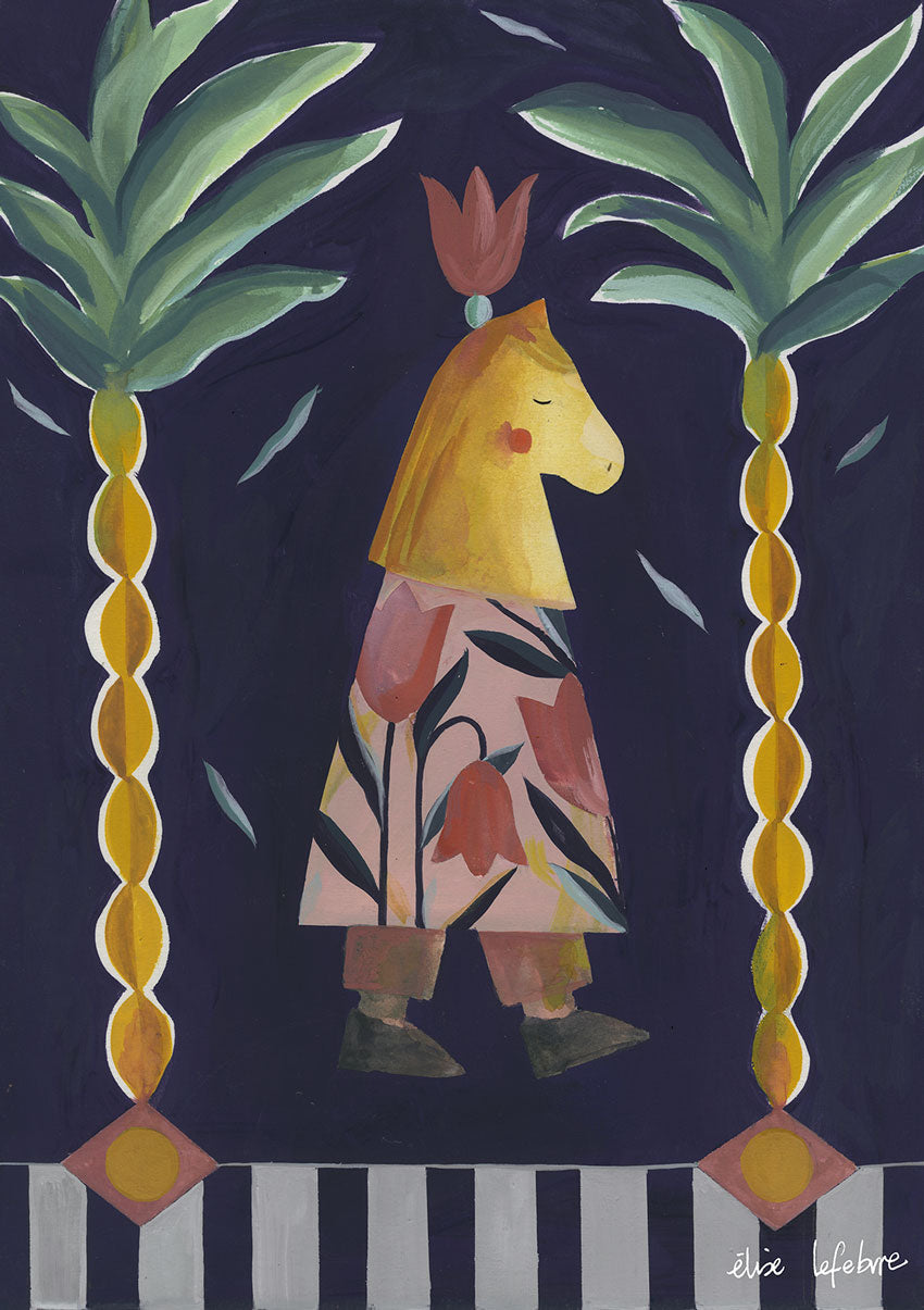 Fille avec tête de cheval, fleurs, plantes, fond sombre, motifs géométriques