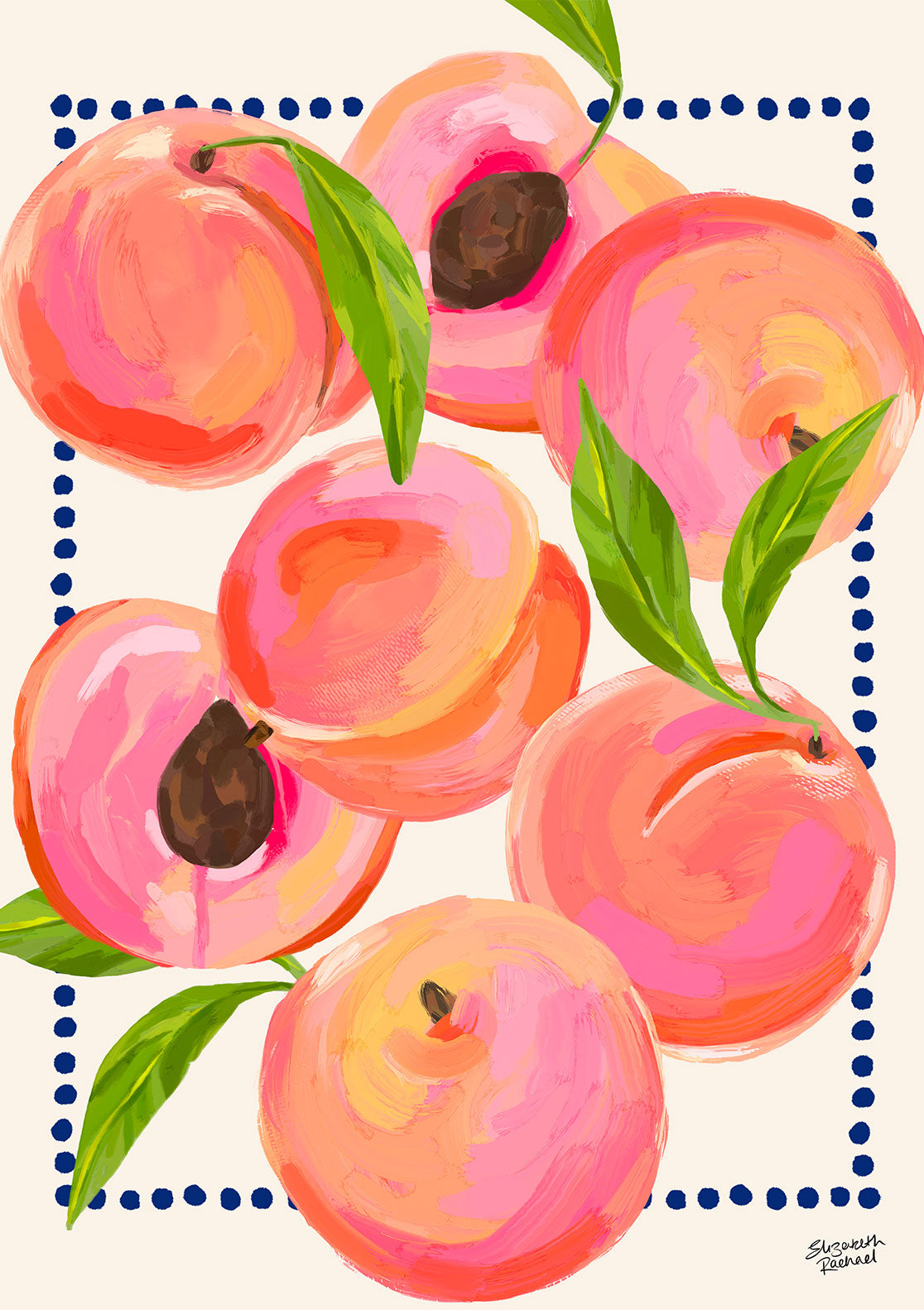 Illustration colorée de pêches avec feuilles, bord bleu pointillé
