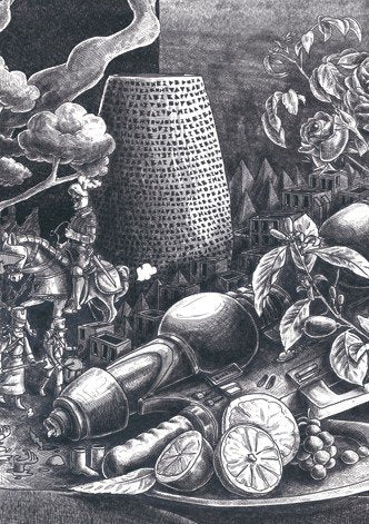Nature morte, citrons, vase, fruits, objets, noir et blanc, composition, art, ancien, détails, ornements