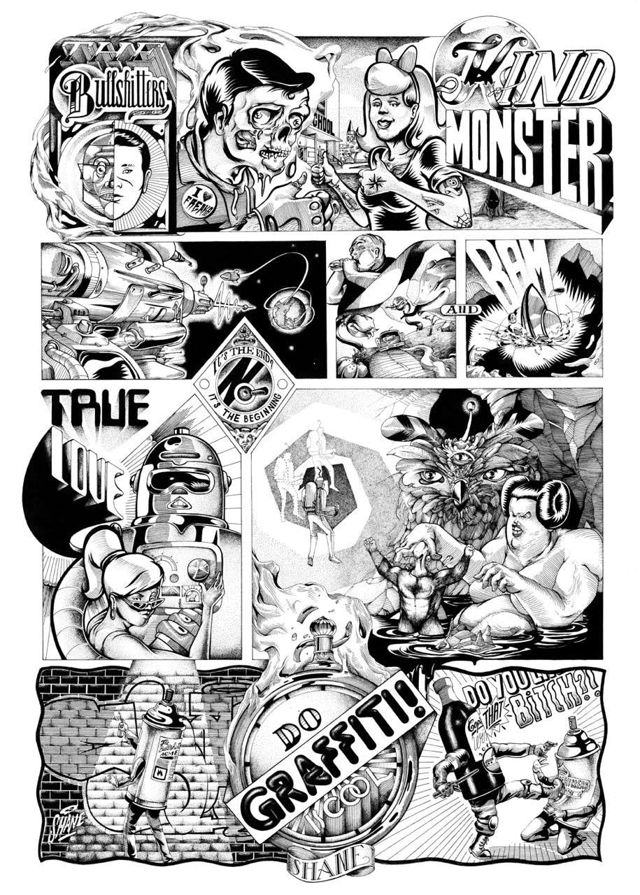 Art en noir et blanc, graffiti, monstres, robots, personnages, texte, spray, briques, fant, dessins animés, art urbain