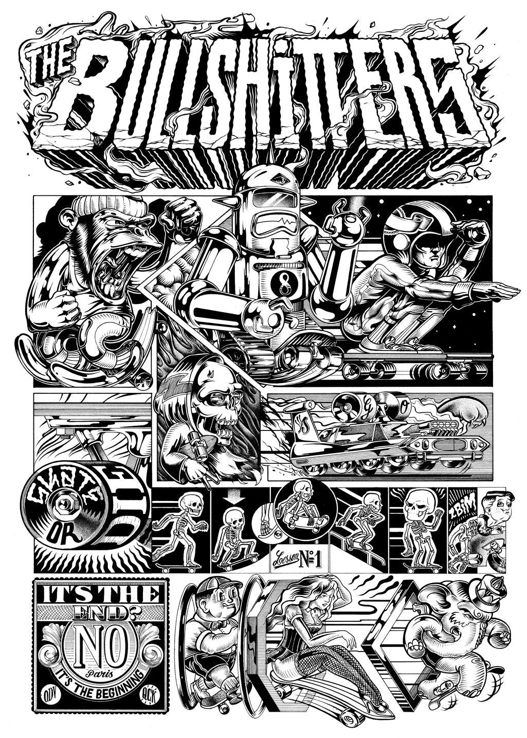 Illustration en noir et blanc ; Motards ; Squelettes ; Véhicules ; Scènes d'action ; Textes stylisés