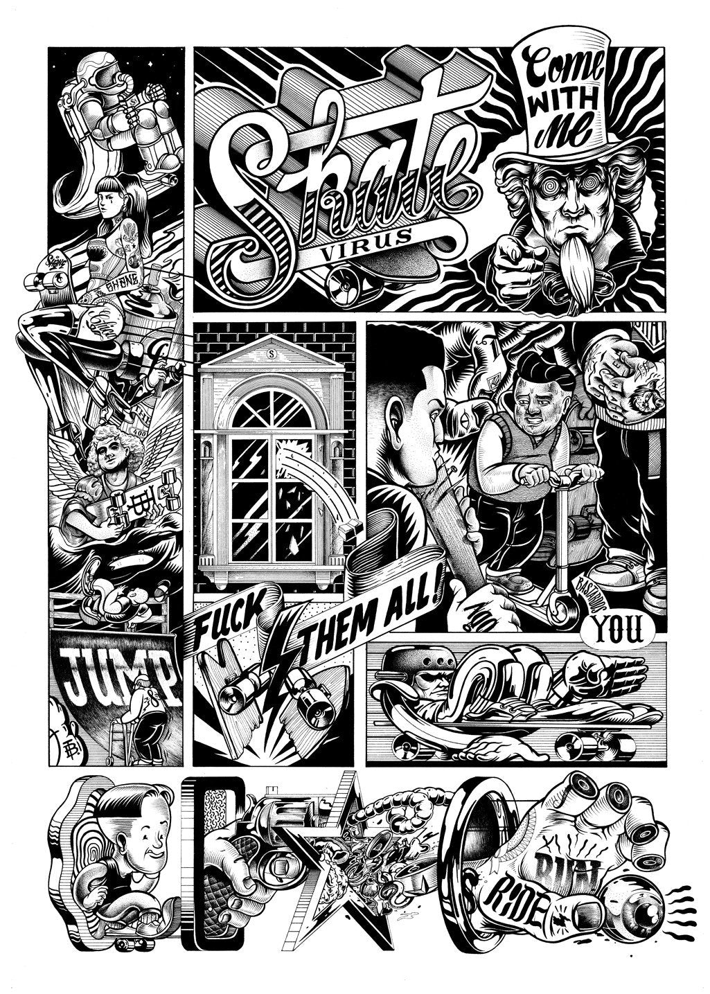 Illustrations en noir et blanc, musique, skateboard, texte audacieux, personnages stylisés, énergie, musique rock