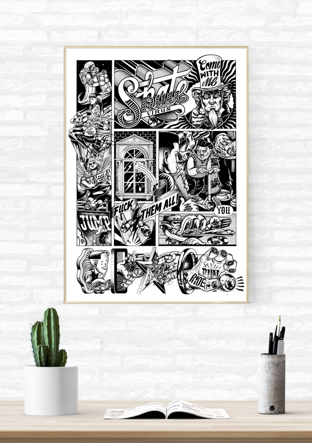 Art en noir et blanc, personnages, texte audacieux, scène de rue, musique, violence, art urbain