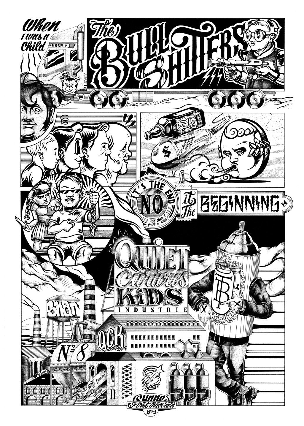 Art en noir et blanc ; enfants ; graffitis ; texte stylisé ; industrie ; bouteilles ; personnages ; scène urbaine