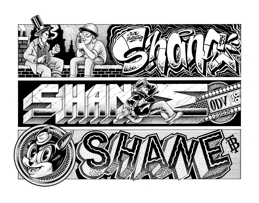 Art en noir et blanc, graffiti, personnages stylisés, texte graffiti, style rétro, illustration urbaine