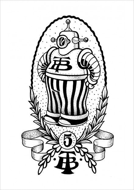 Robot, casque, brassière rayée, laurier, ruban, chiffres, lettres, encadré, noir et blanc, art, tatouage,ème