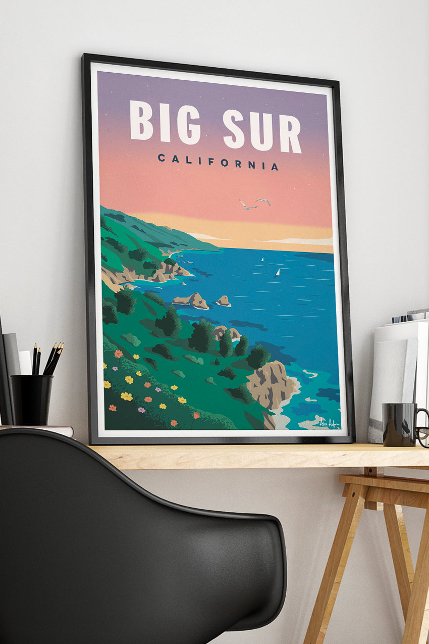 Poster de Big Sur, Californie, paysage côtier, coucher de soleil, océan, falaises, fleurs, oiseaux