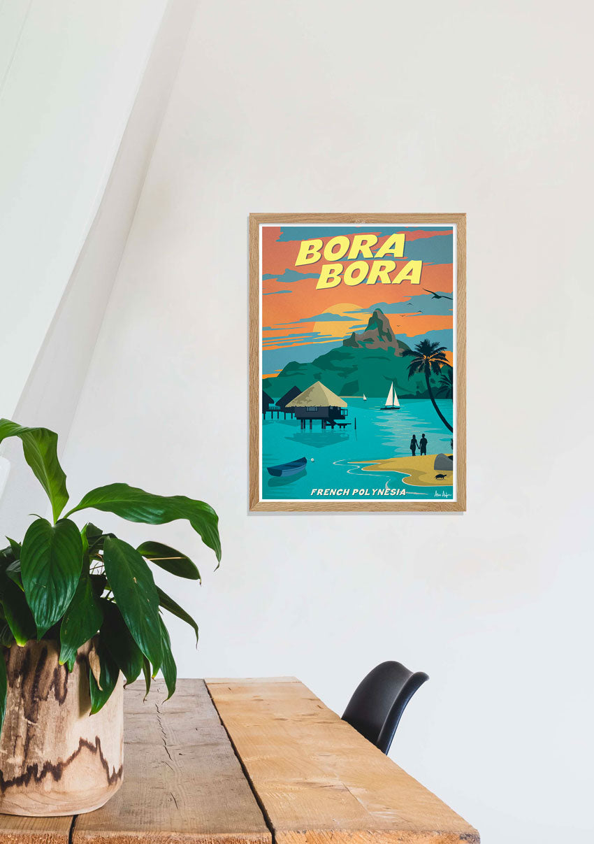 Poster Bora Bora plage tropicale coucher de soleil montagne