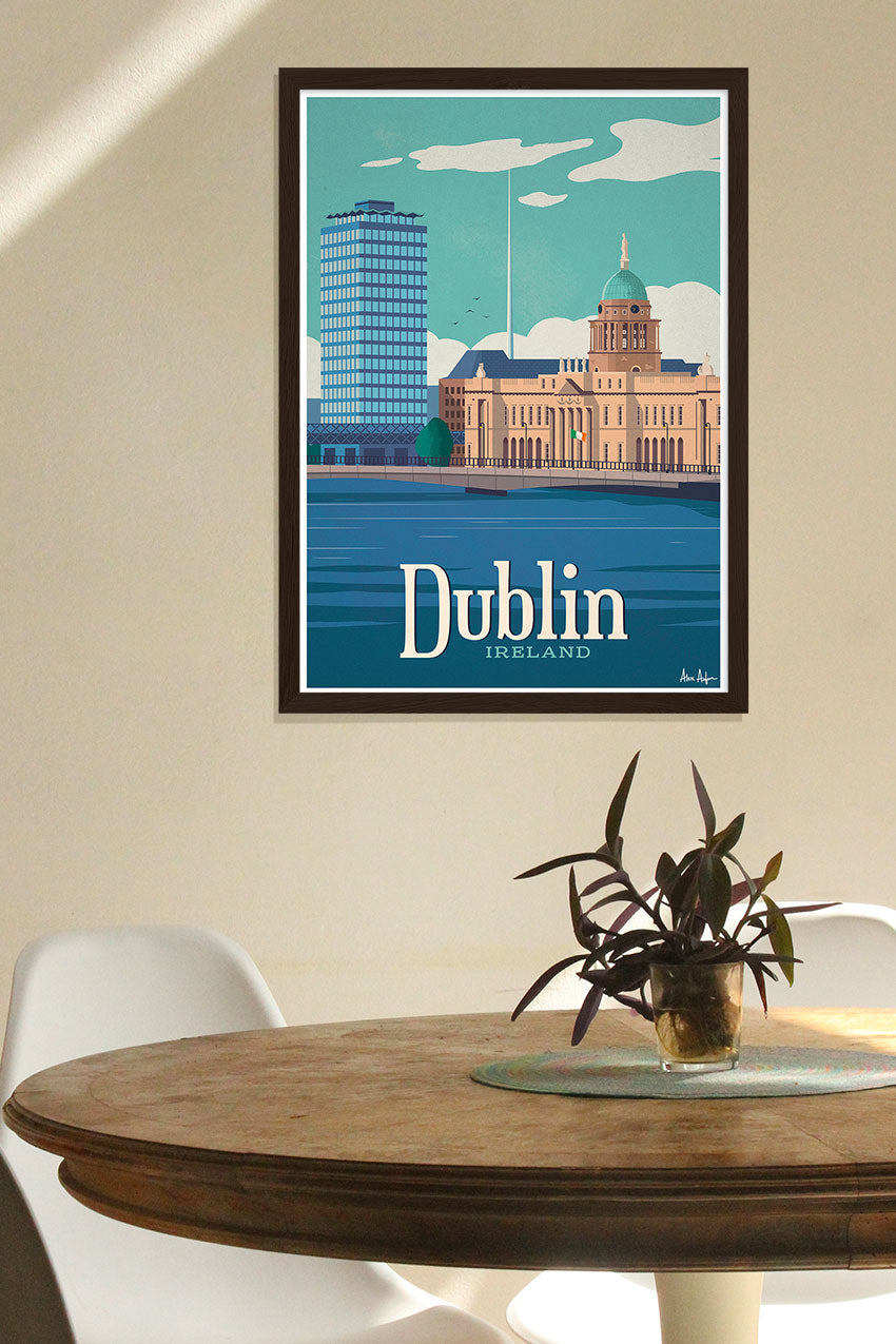 Poster de Dublin, Irlande, bâtiments, ciel bleu, texte blanc