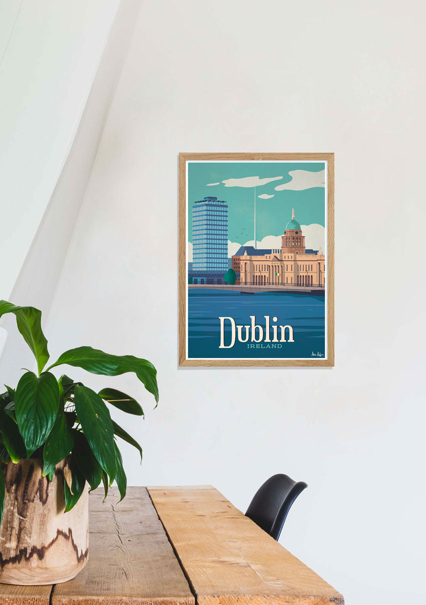 Dublin, Irlande, ville, skyline, bâtiment, ciel bleu, illustration, cadre en bois