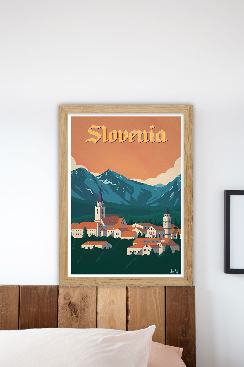 Poster de Slovénie, village, montagnes, église, coucher de soleil, cadre en bois