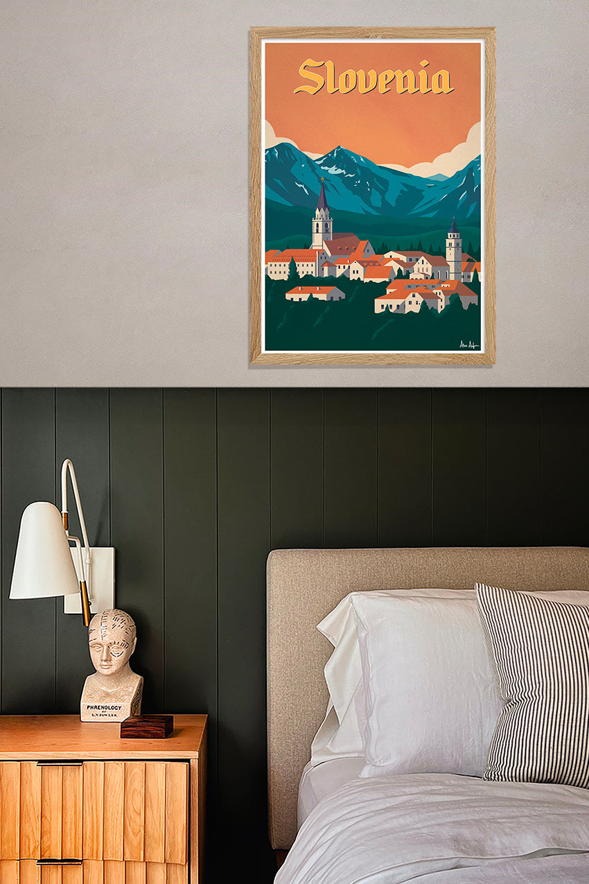 Poster de Slovénie, village, montagnes, coucher de soleil, cadre en bois
