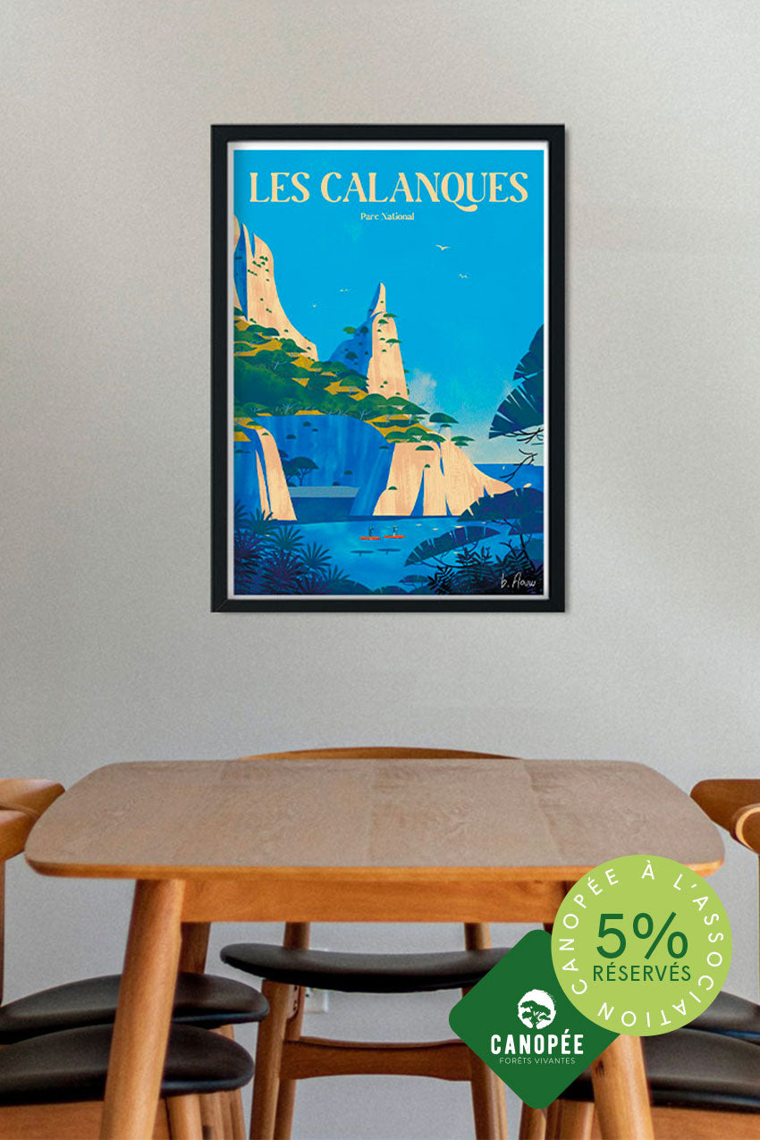 Poster des Calanques de Marseille, parc national, nature, mer, falaises, bateau, ciel bleu