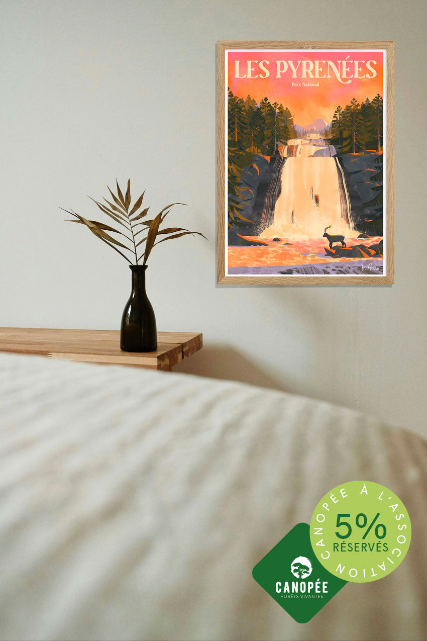 Chute d'eau, forêt, animal, coucher de soleil, texte rouge