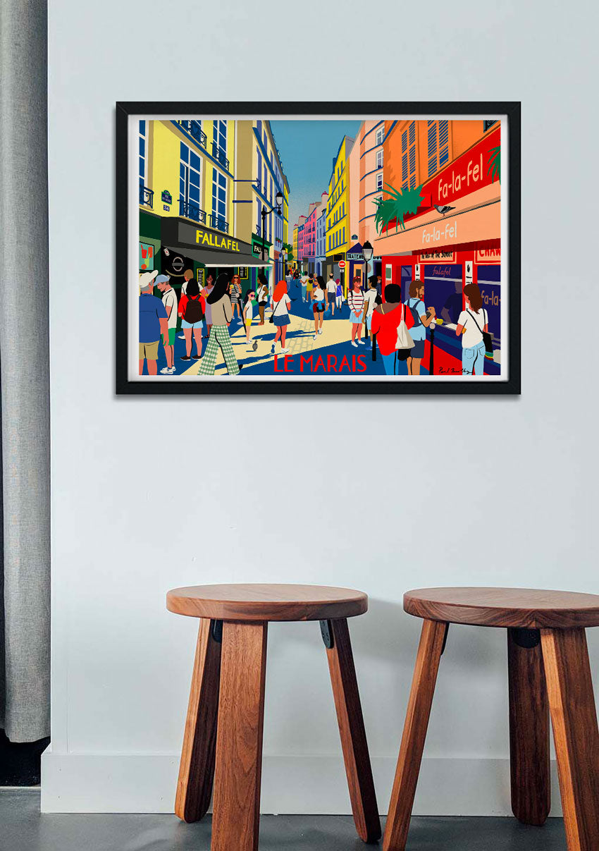 Poster de rue animée avec foule, bâtiments colorés, FALLAFEL