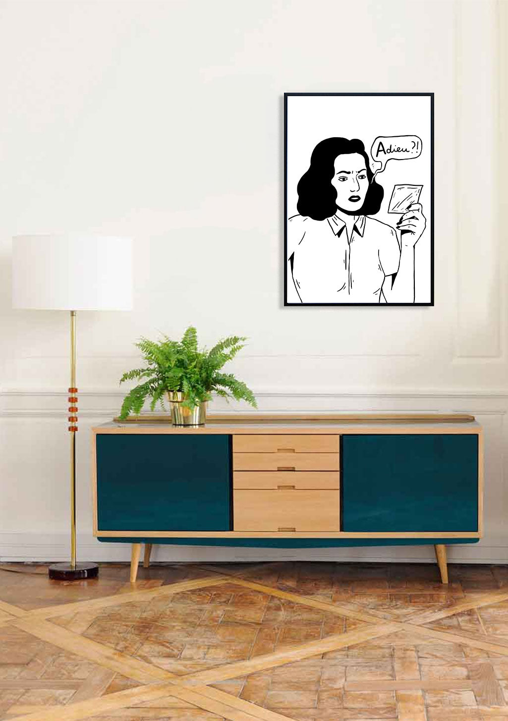 Femme tenant un miroir, texte bulle "Adieu?!"