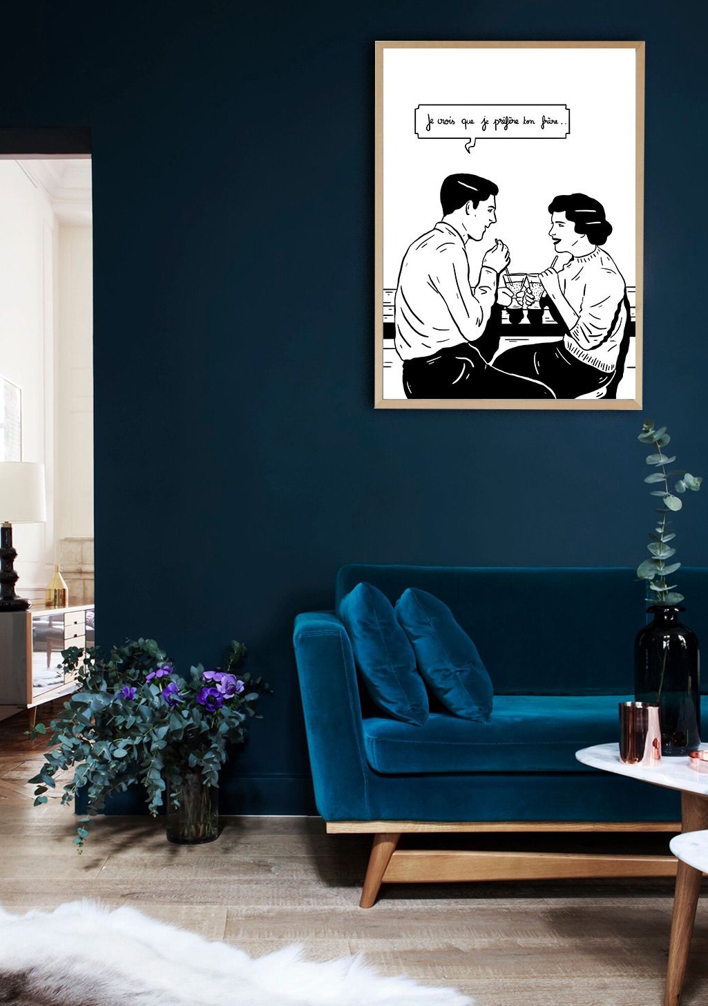 Couple assis ensemble, dialogue, illustration en noir et blanc