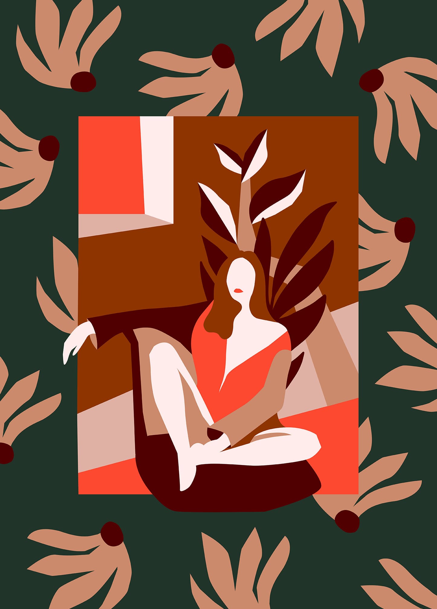 Femme stylisée, feuilles, couleurs terreuses, fond vert, art abstrait