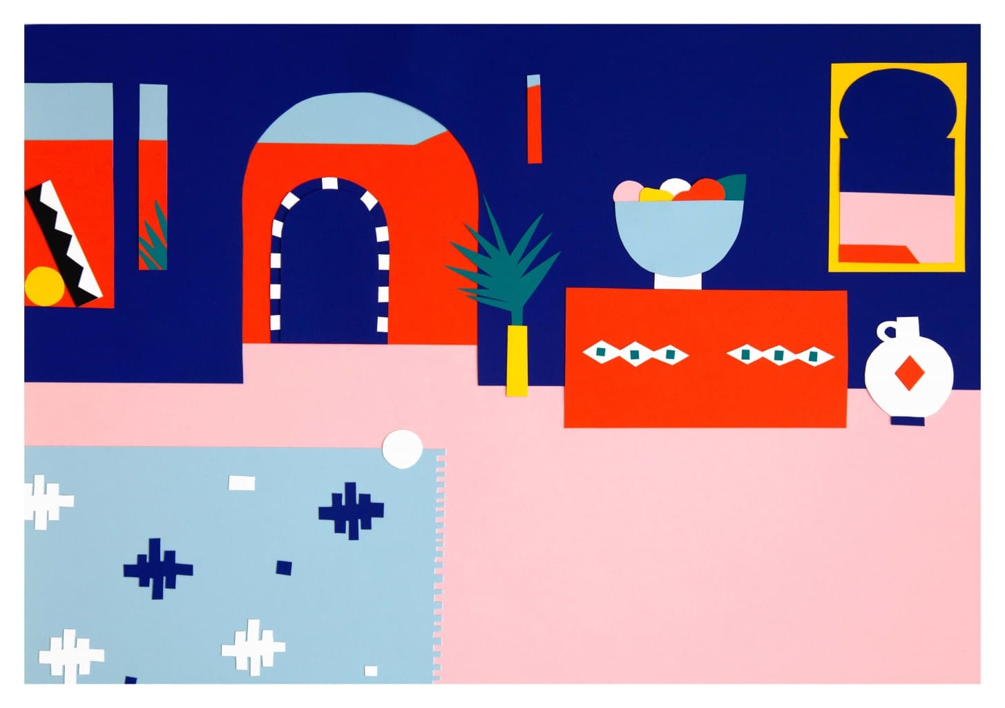 Art abstrait, couleurs vives, motifs géométriques, architecture stylisée, nature morte