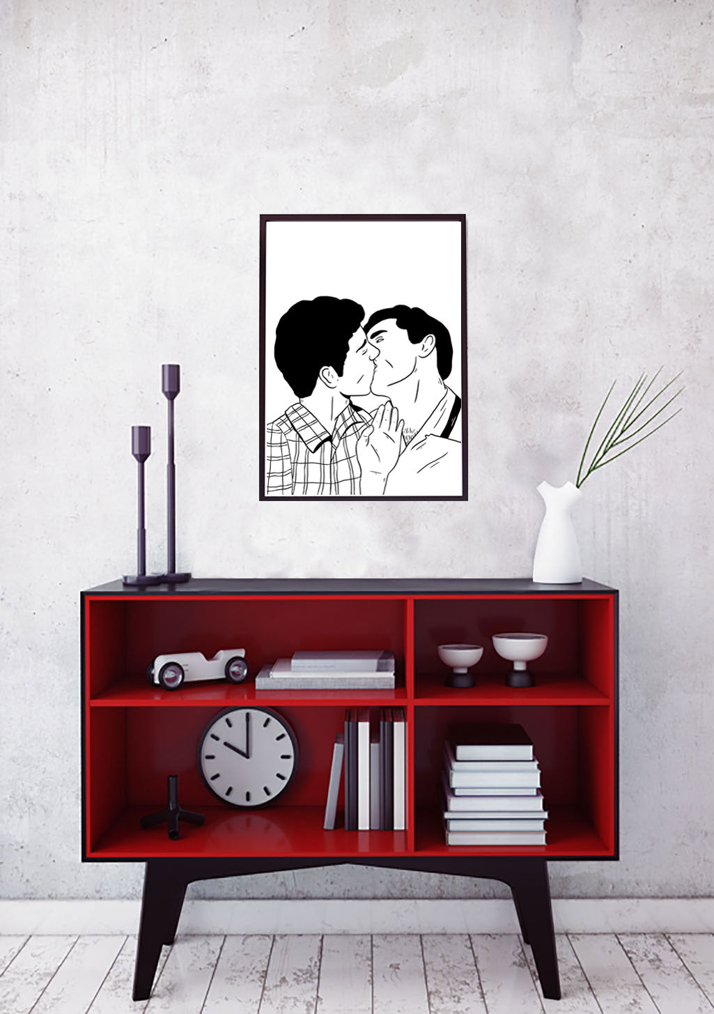 Poster en noir et blanc de deux hommes s'embrassant