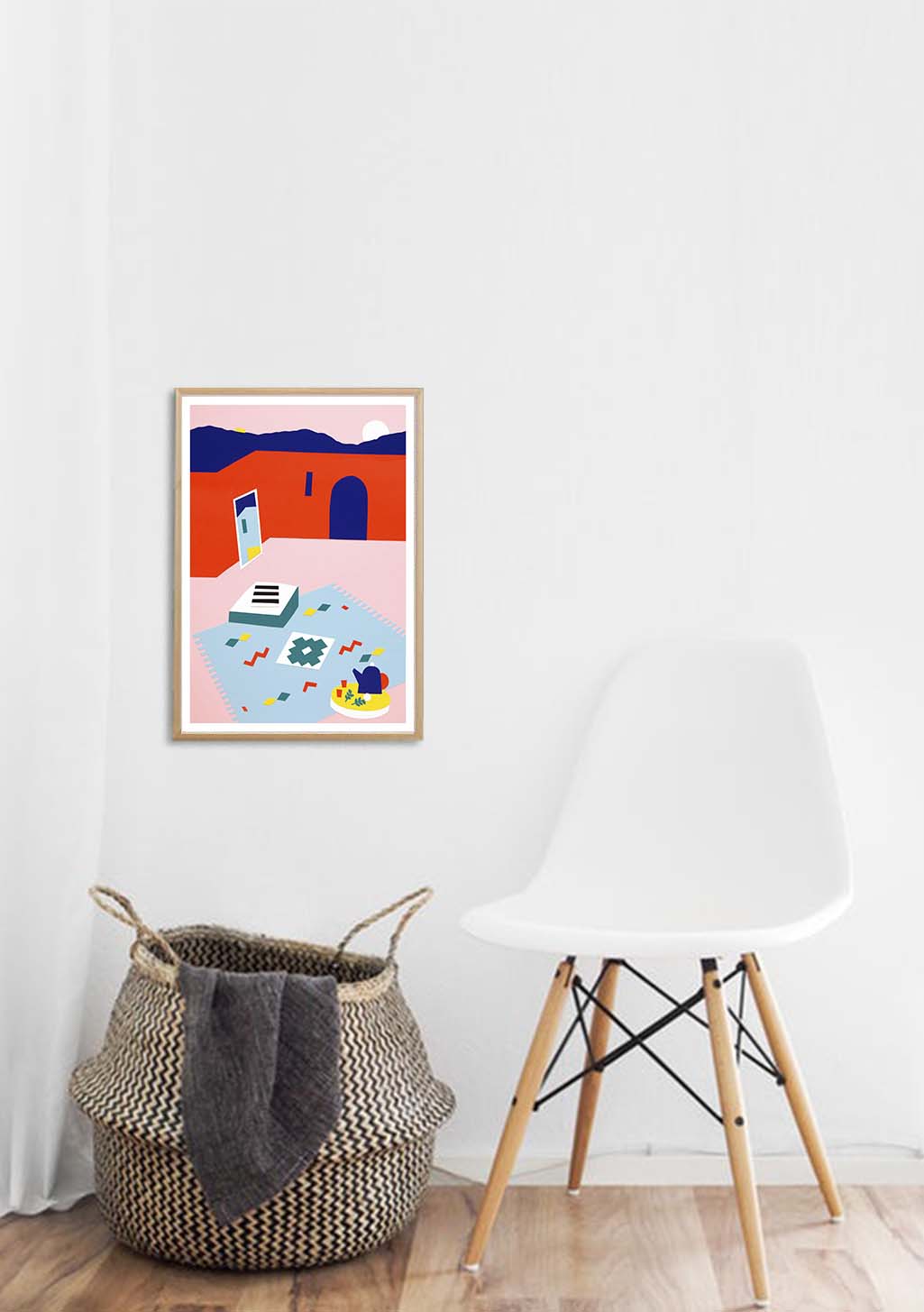 Poster abstrait avec bâtiments, ciel bleu, terrain orange