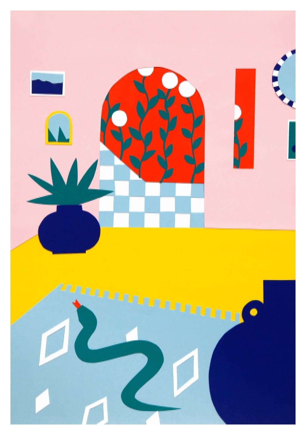 Art abstrait, couleurs vives, plantes, motifs géométriques, design moderne