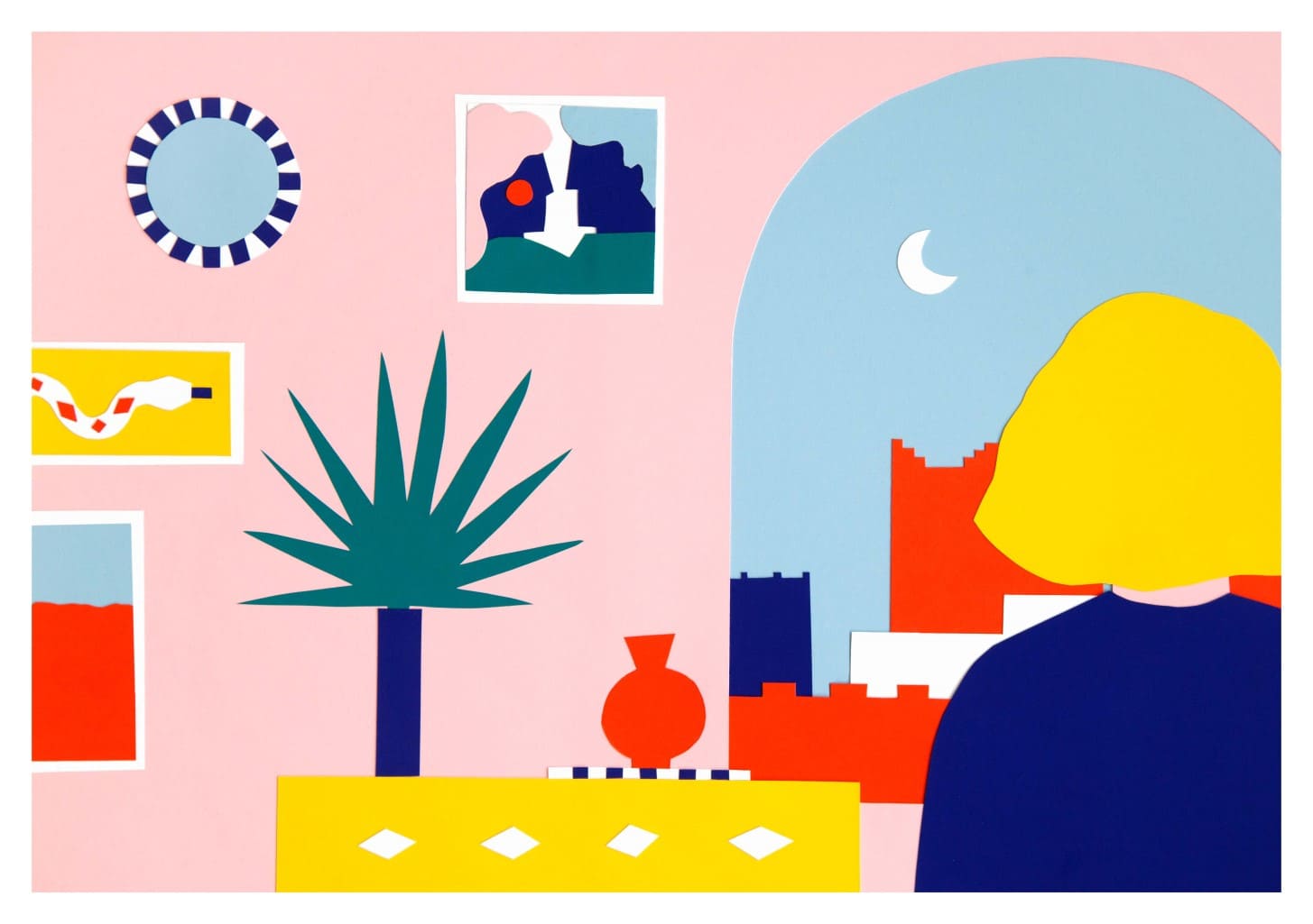 Poster avec soleil, lune, paysage, plante, vase, motifs géométriques