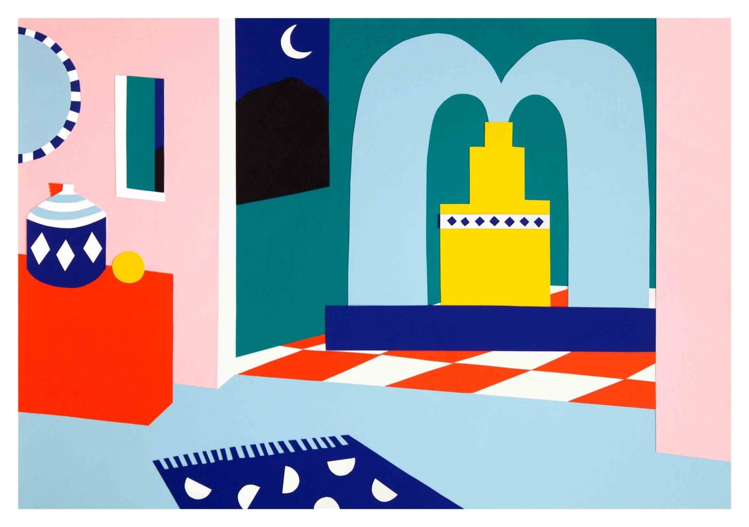 Art abstrait, couleurs vives, motifs géométriques, architecture stylisée