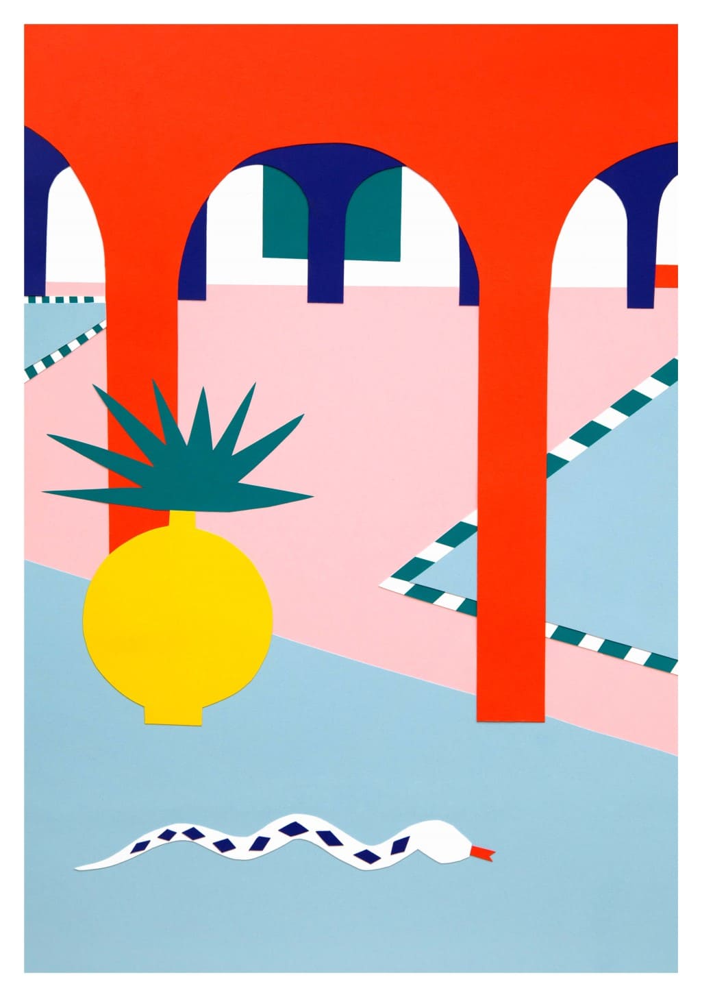 Arches rouges, mur rose, ananas jaune, serpent blanc, motifs géométriques