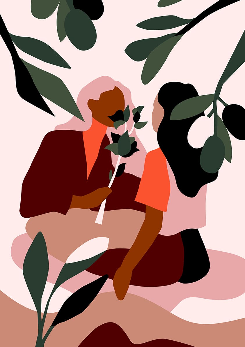 Art abstrait, figures, couleurs chaudes, feuilles, interaction, nature, humain, moderne, minimaliste, forme, silhouette, composition