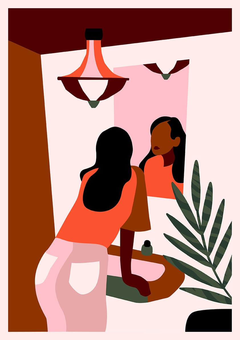 Femme se maquillant devant miroir, intérieur moderne, plante, luminaire