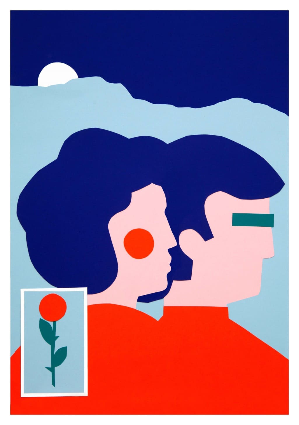 Art abstrait, couple, cheveux, rouge, fleur, ciel bleu, lune, forme géométrique