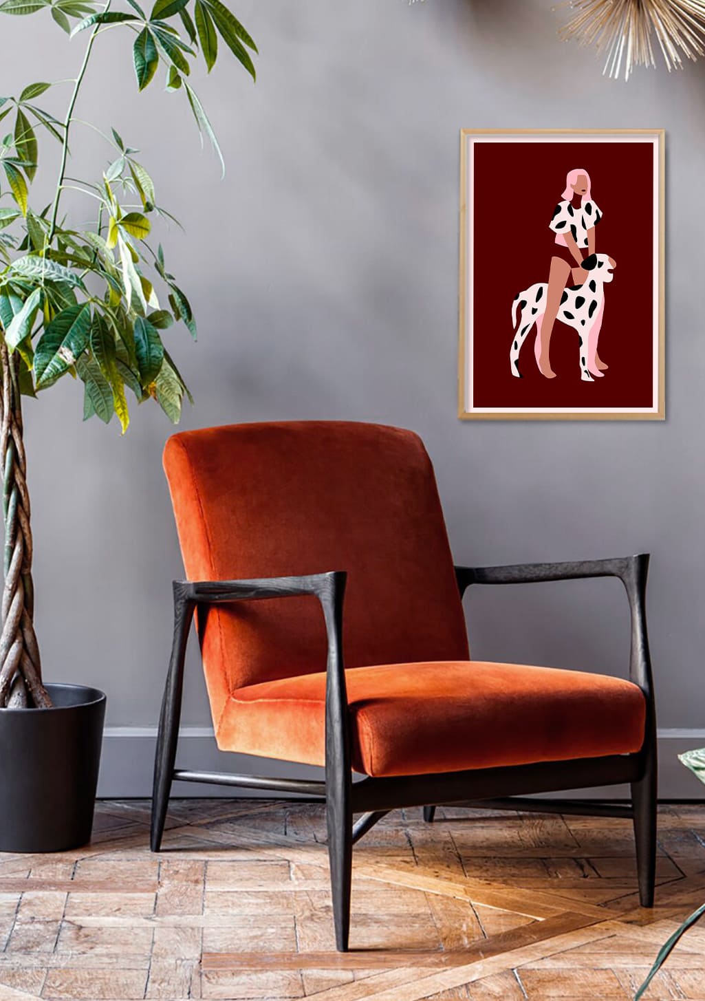 Femme avec chien Dalmatien stylisé