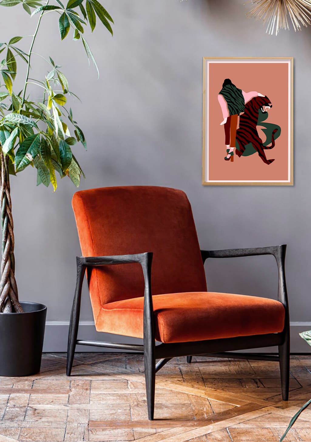 Art abstrait, deux figures stylisées, couleurs vives