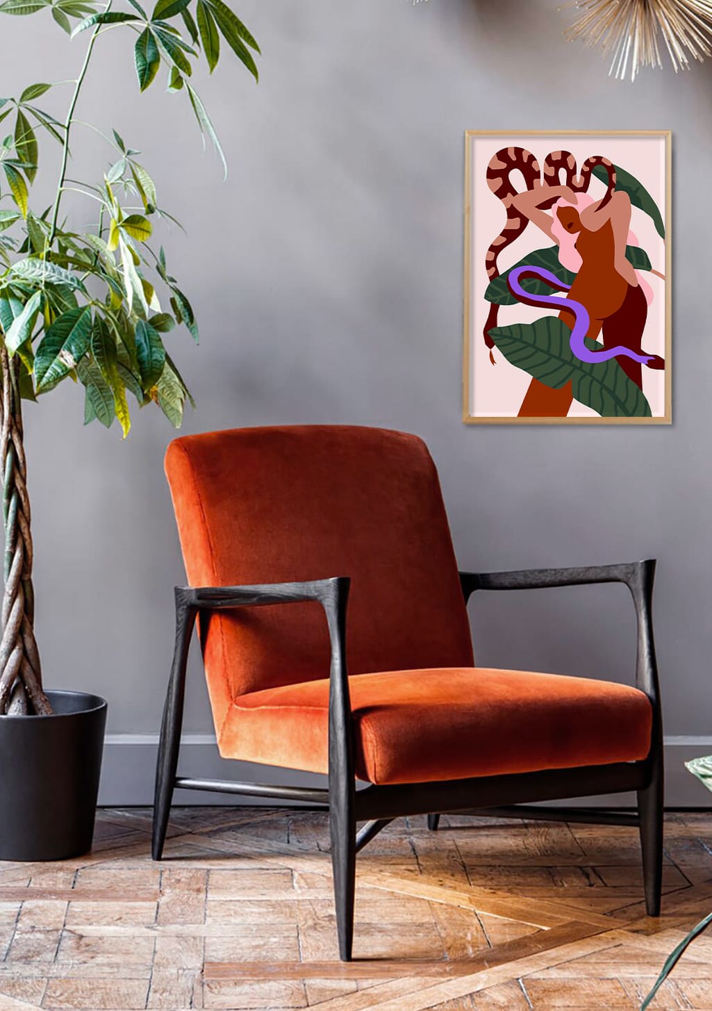 Poster abstrait avec une femme et des feuilles