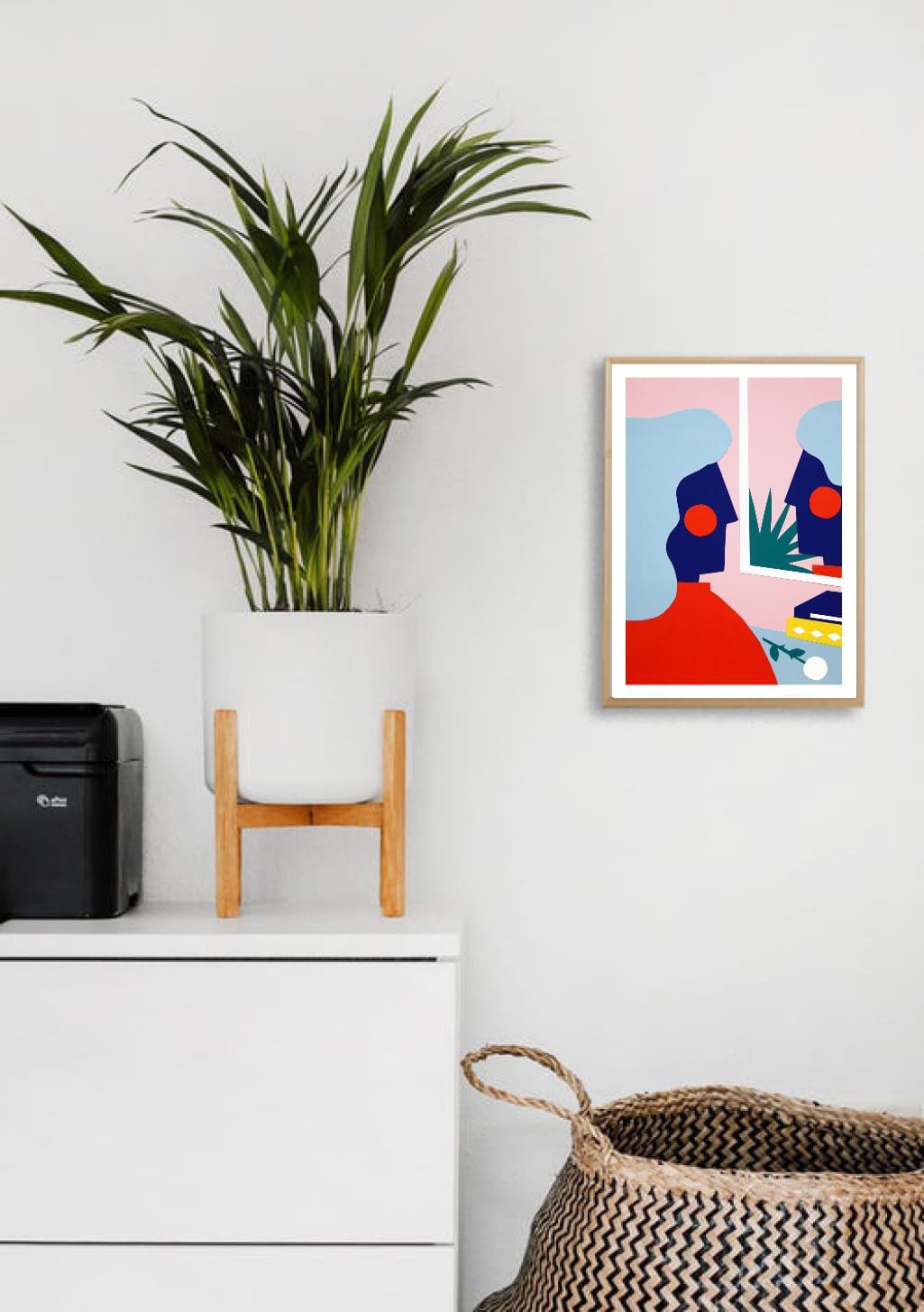 Art abstrait, figures stylisées, couleurs vives, rouge, bleu, rose